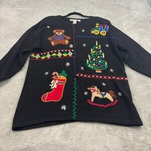VTG Victoria Jones Christmas Sweater Womens 2X Black Ramie Cotton Beaded Festive